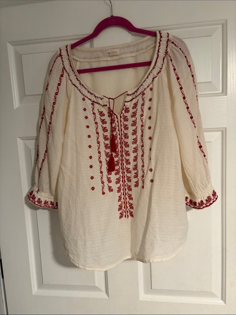 Cream Embroidered Peasant Blouse with Red Detail